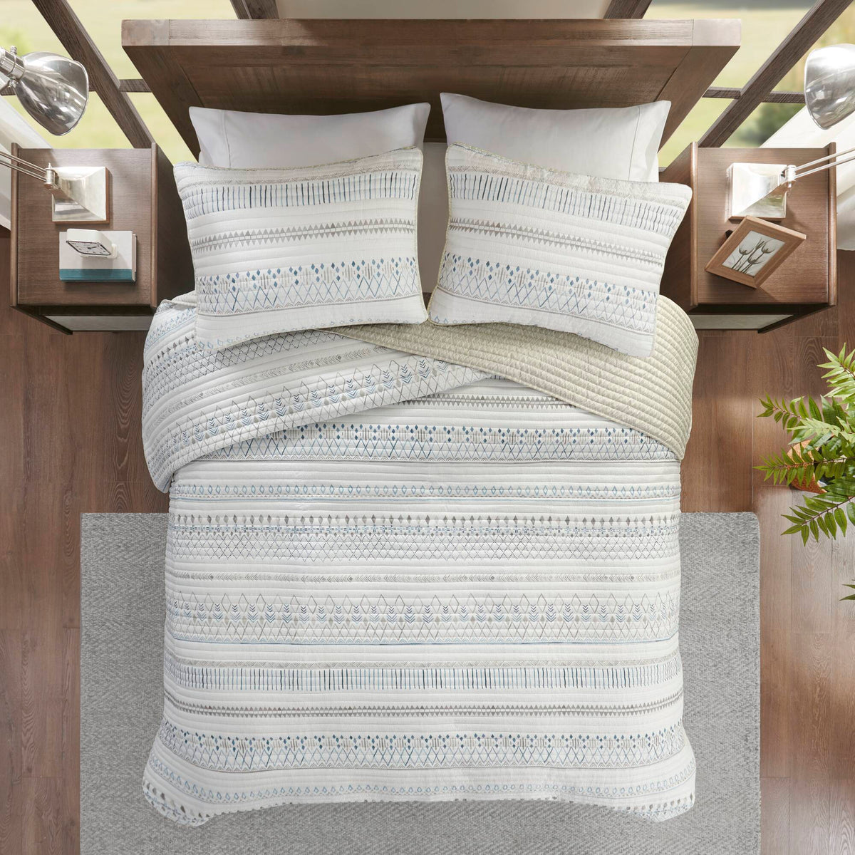 3 Piece Printed Microfiber Seersucker Quilt Set Taupe/Blue Full/Queen