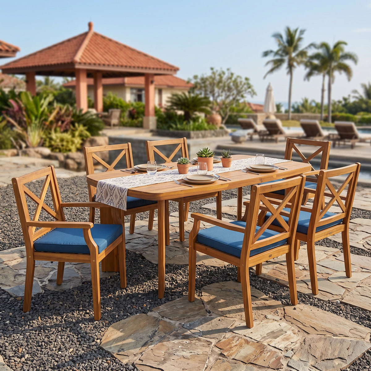 7‑Piece Acacia Wood Outdoor Dining Set, 71" Oval Teak‑Finish Wooden Table & 6 Arm Chairs with