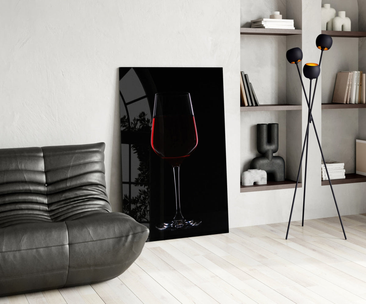 Half Filled Red Wine Glass on Black Glass Wall Art