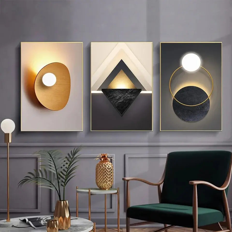 Modern abstract geometric black & gold canvas wall art living room