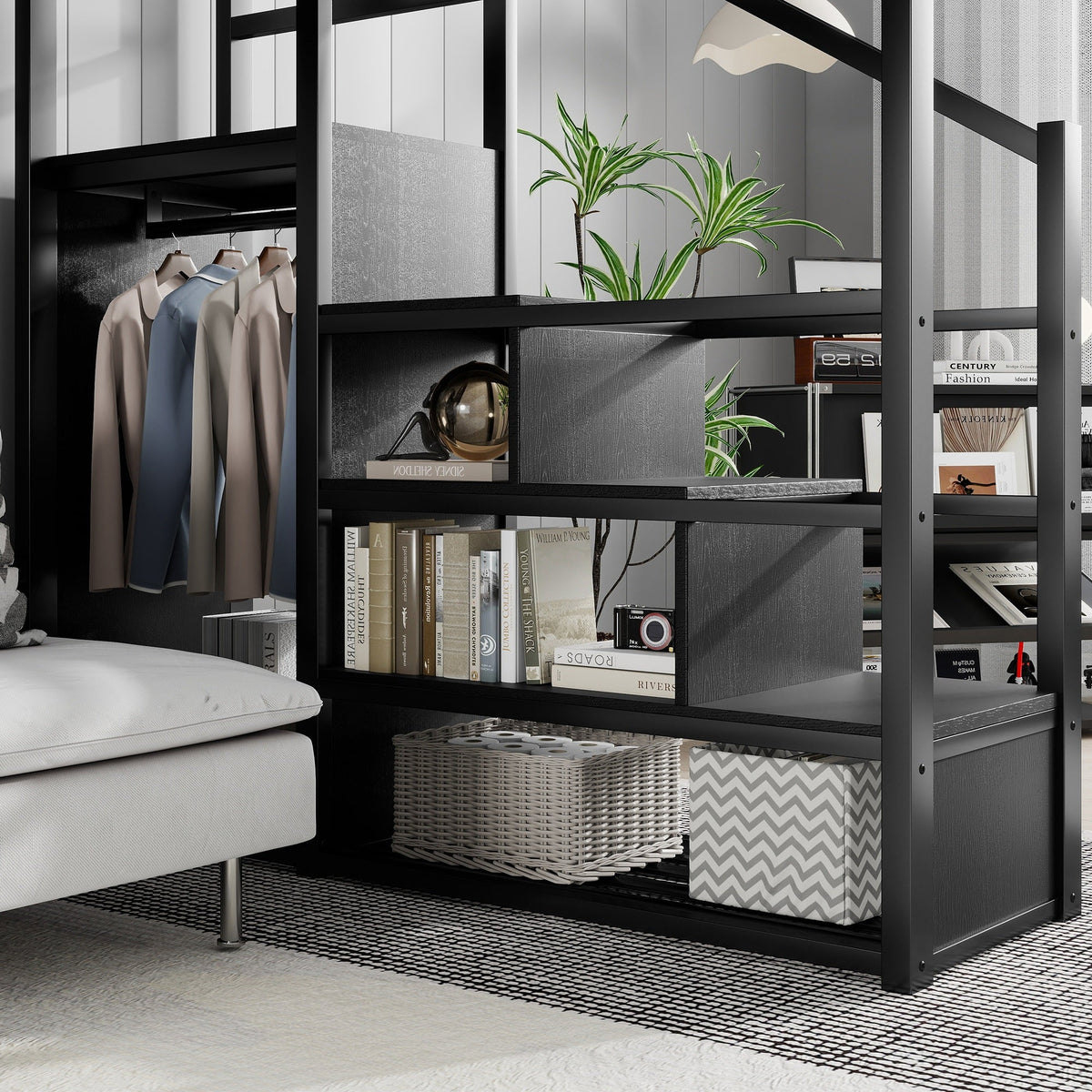 Queen Size Loft Bed with Stairs, Metal Loft Bed with Storage Shelves