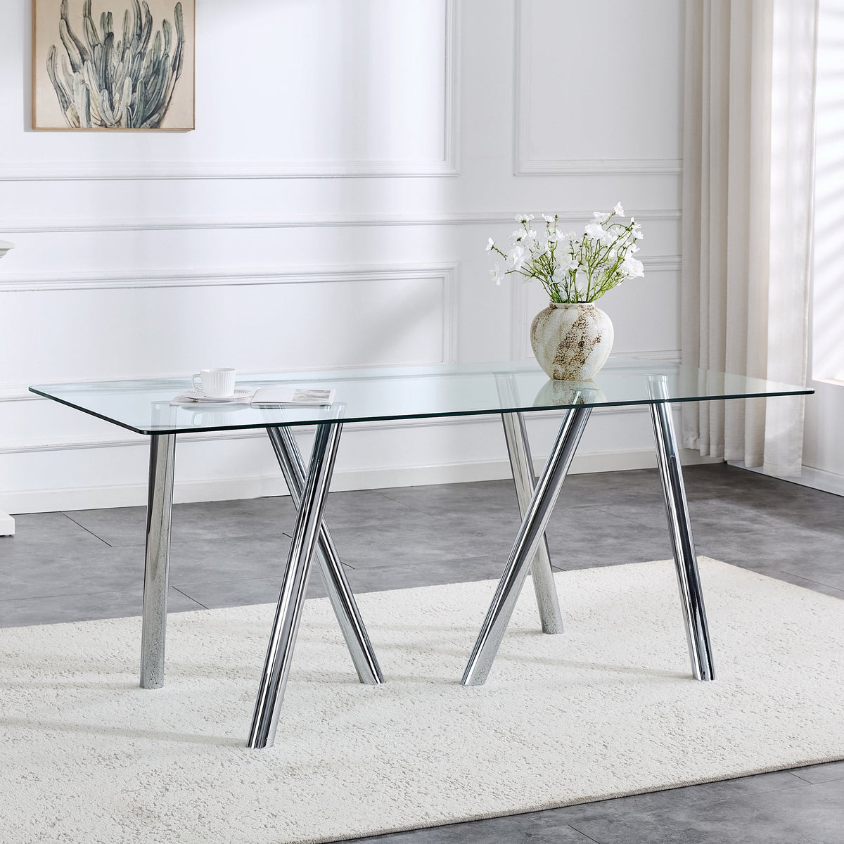 71-Inch Tempered Glass Dining Table with Sturdy Metal Legs