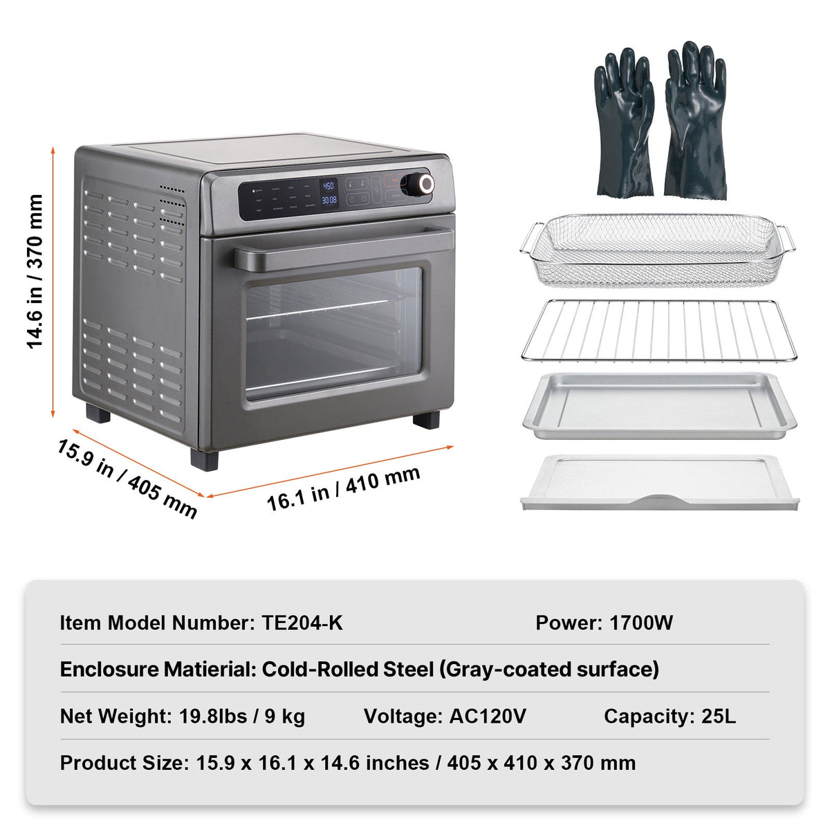 12-in-1 Air Fryer Toaster Oven with 25L Capacity - Stainless Steel Gray