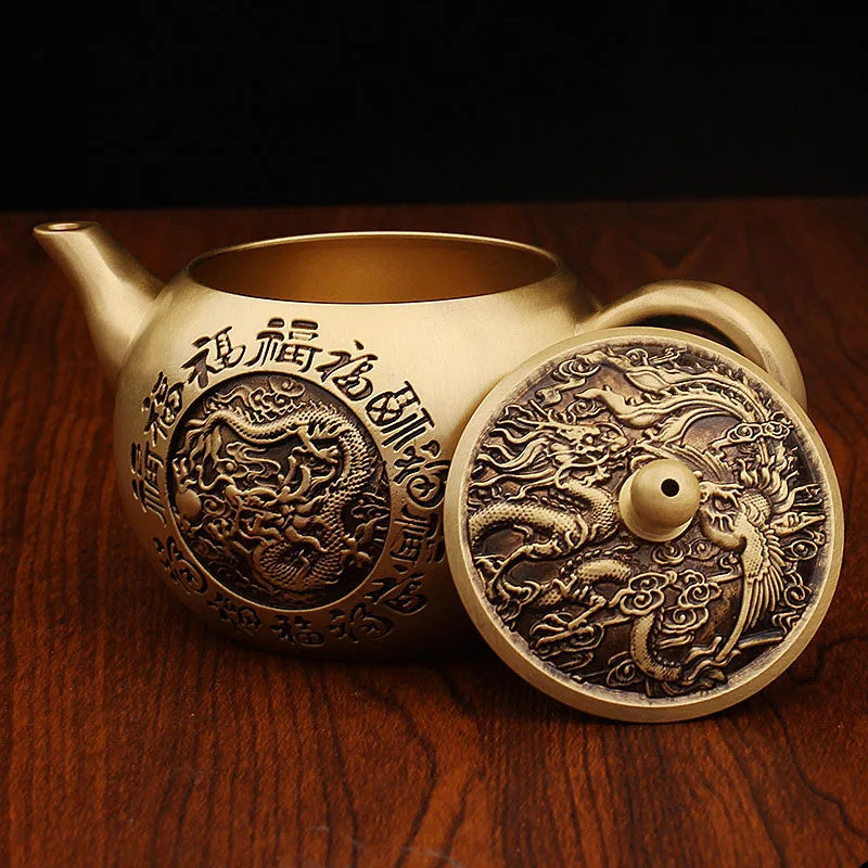 “Baifu” Dragon & Phoenix Brass Teapot – Chinese Gongfu Kettle & Ornament