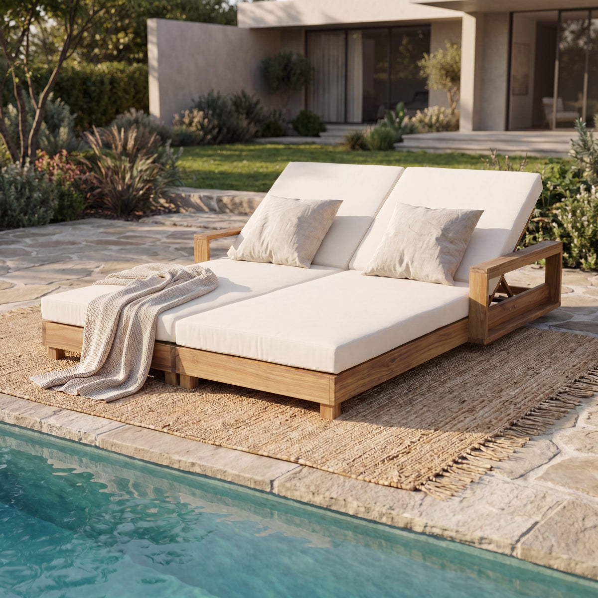 Double Acacia Wood Chaise Lounge Set with Four Reclining Positions - Natural Wood