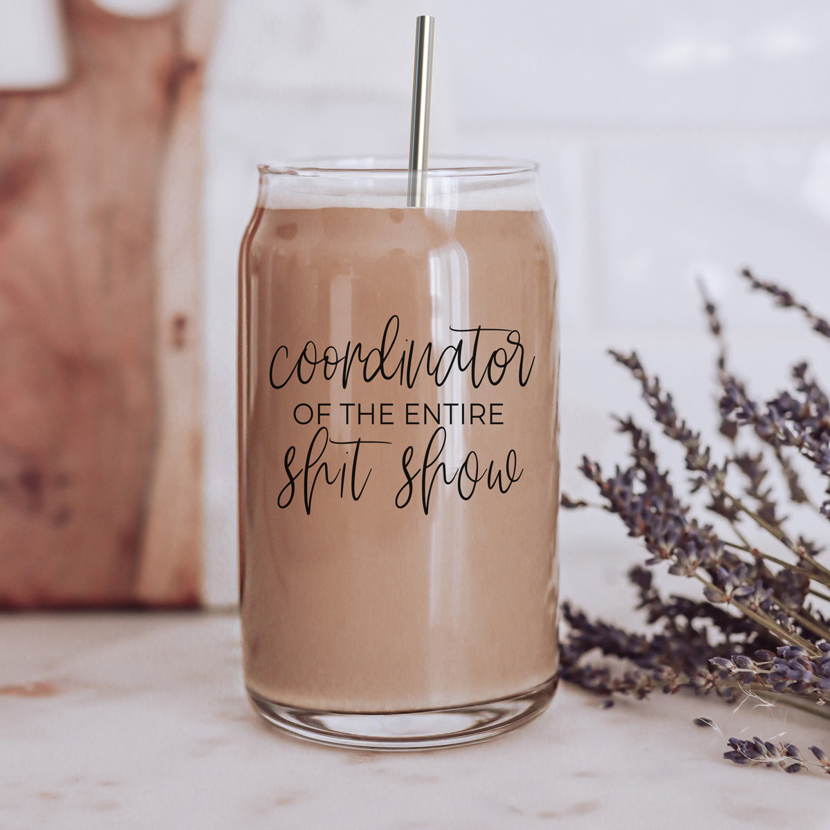 Shit Show Coordinator 17oz Glass Tumbler With Bamboo Lid, 2 Stainless Straws