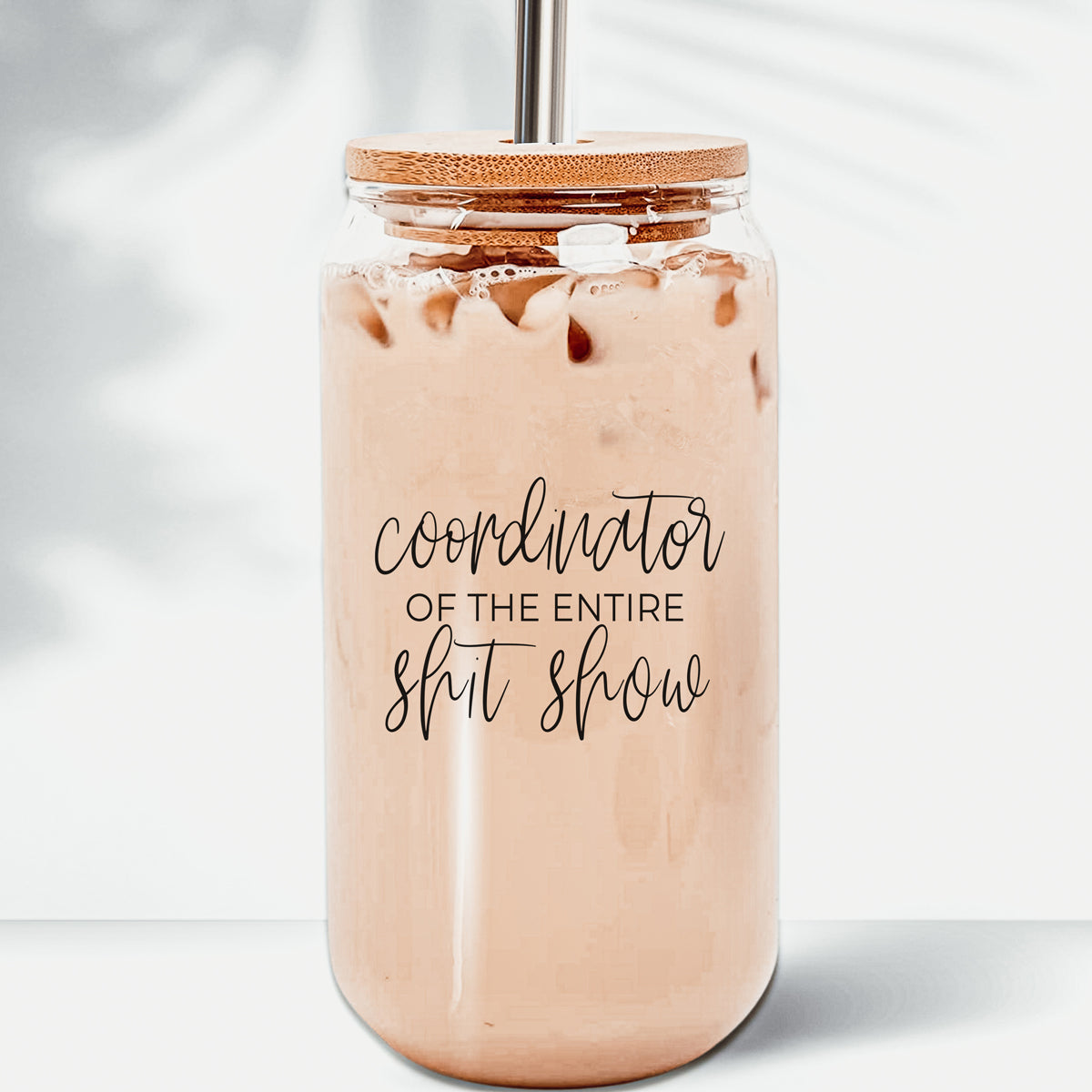 Shit Show Coordinator 17oz Glass Tumbler With Bamboo Lid, 2 Stainless Straws