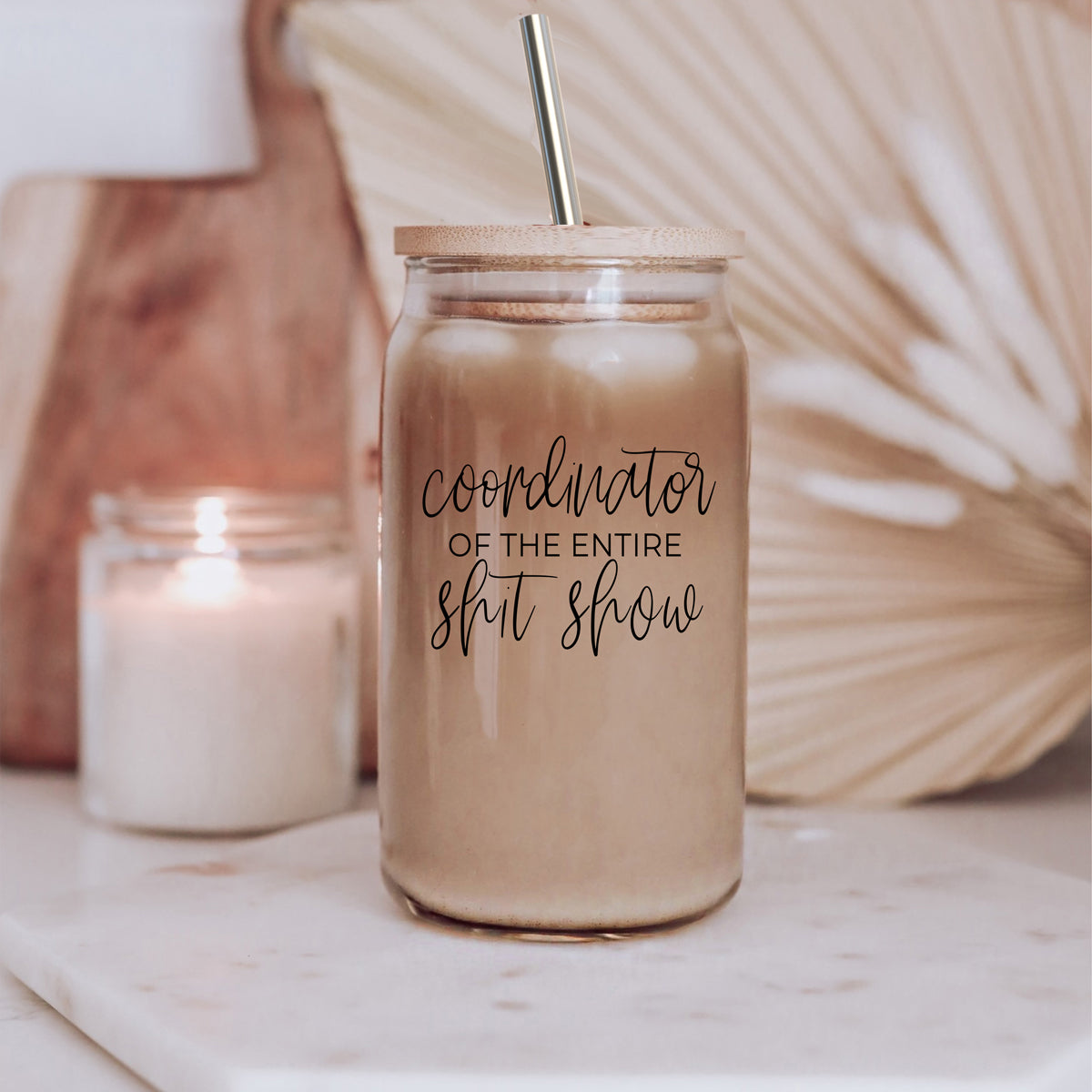 Shit Show Coordinator 17oz Glass Tumbler With Bamboo Lid, 2 Stainless Straws