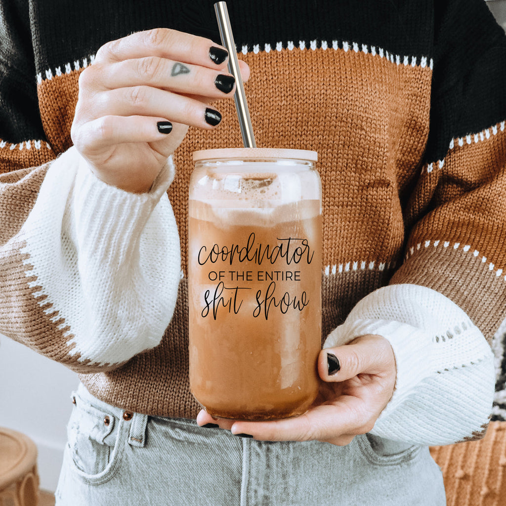 Shit Show Coordinator 17oz Glass Tumbler With Bamboo Lid, 2 Stainless Straws