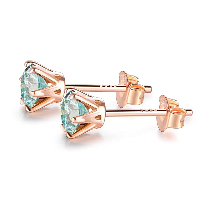 Colorful Moissanite Solitaire Stud Earrings in Rose Gold-Tone Silver
