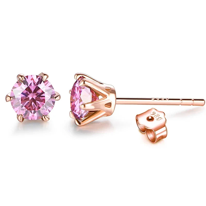 Colorful Moissanite Solitaire Stud Earrings in Rose Gold-Tone Silver