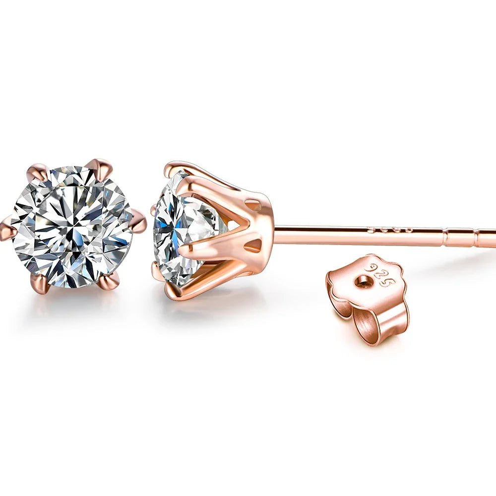 Colorful Moissanite Solitaire Stud Earrings in Rose Gold-Tone Silver