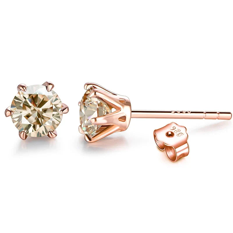 Colorful Moissanite Solitaire Stud Earrings in Rose Gold-Tone Silver