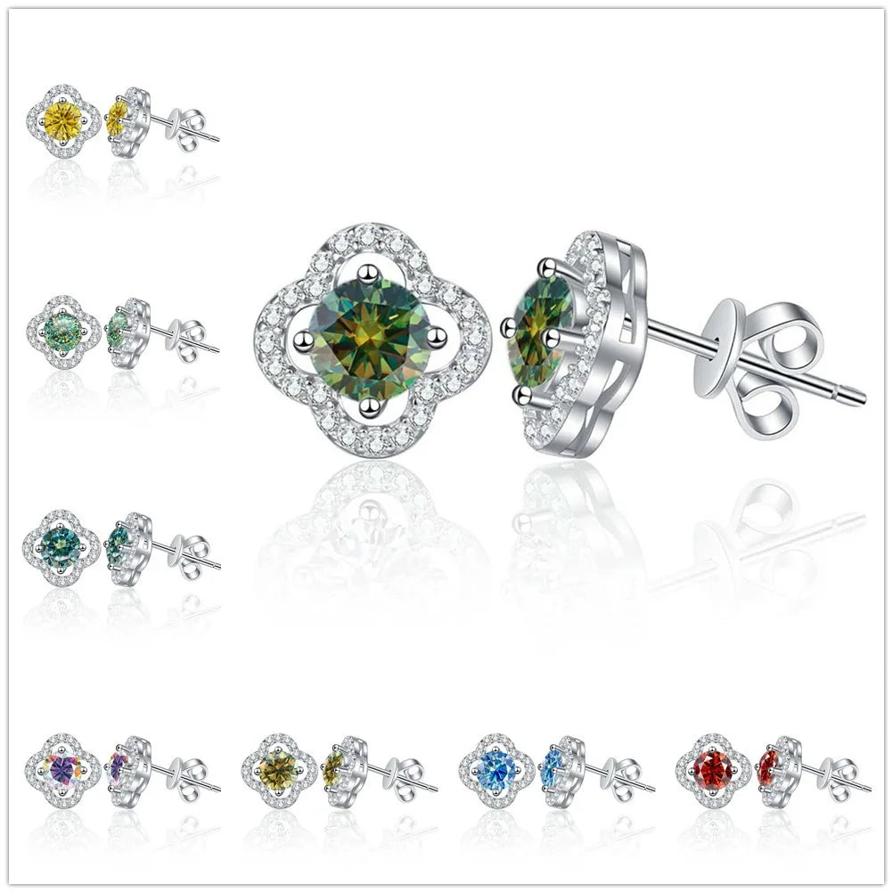 Colored Clover Halo Moissanite Stud Earrings in Sterling Silver