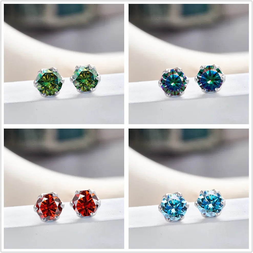 Colored Crown-Basket Moissanite Stud Earrings in Sterling Silver