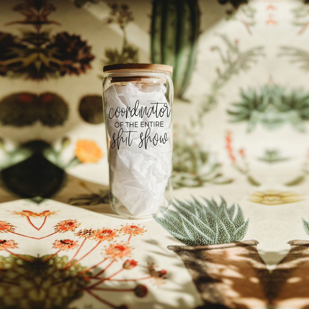 Shit Show Coordinator 17oz Glass Tumbler With Bamboo Lid, 2 Stainless Straws