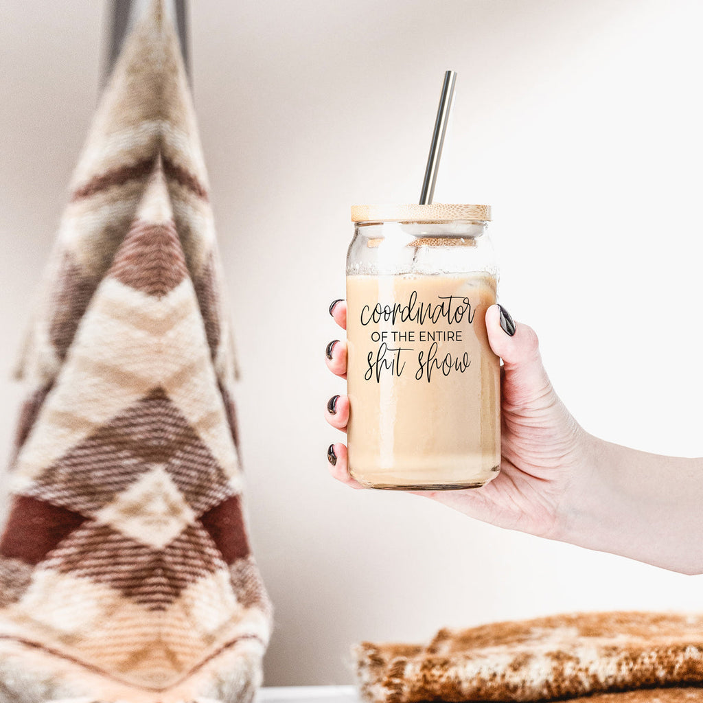 Shit Show Coordinator 17oz Glass Tumbler With Bamboo Lid, 2 Stainless Straws
