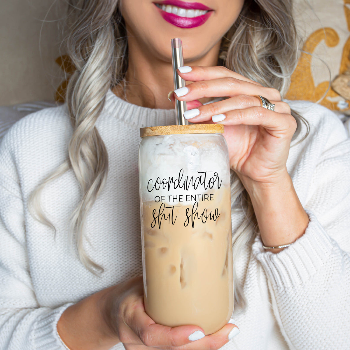 Shit Show Coordinator 17oz Glass Tumbler With Bamboo Lid, 2 Stainless Straws