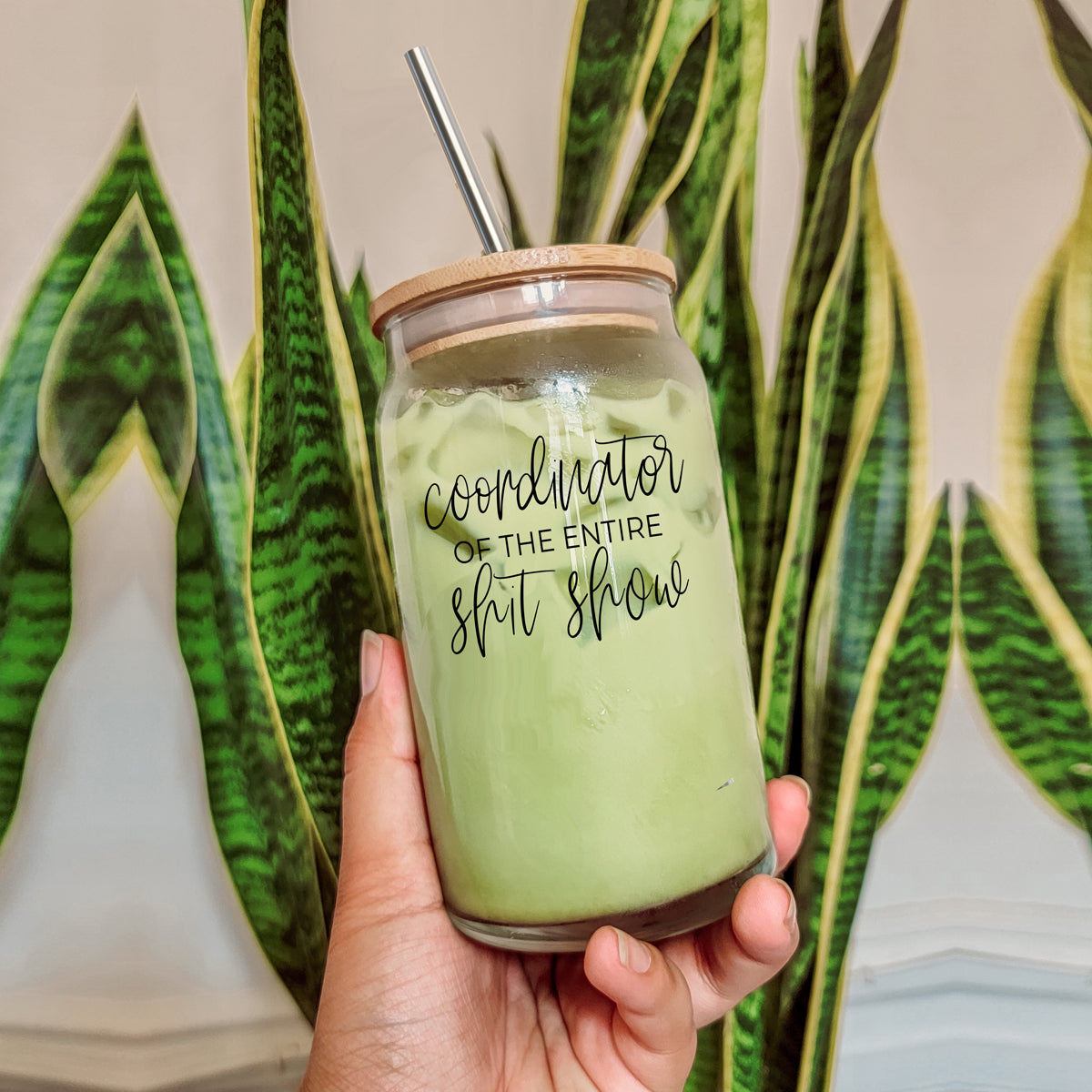 Shit Show Coordinator 17oz Glass Tumbler With Bamboo Lid, 2 Stainless Straws