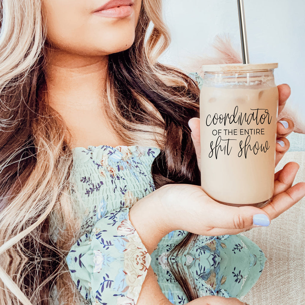 Shit Show Coordinator 17oz Glass Tumbler With Bamboo Lid, 2 Stainless Straws