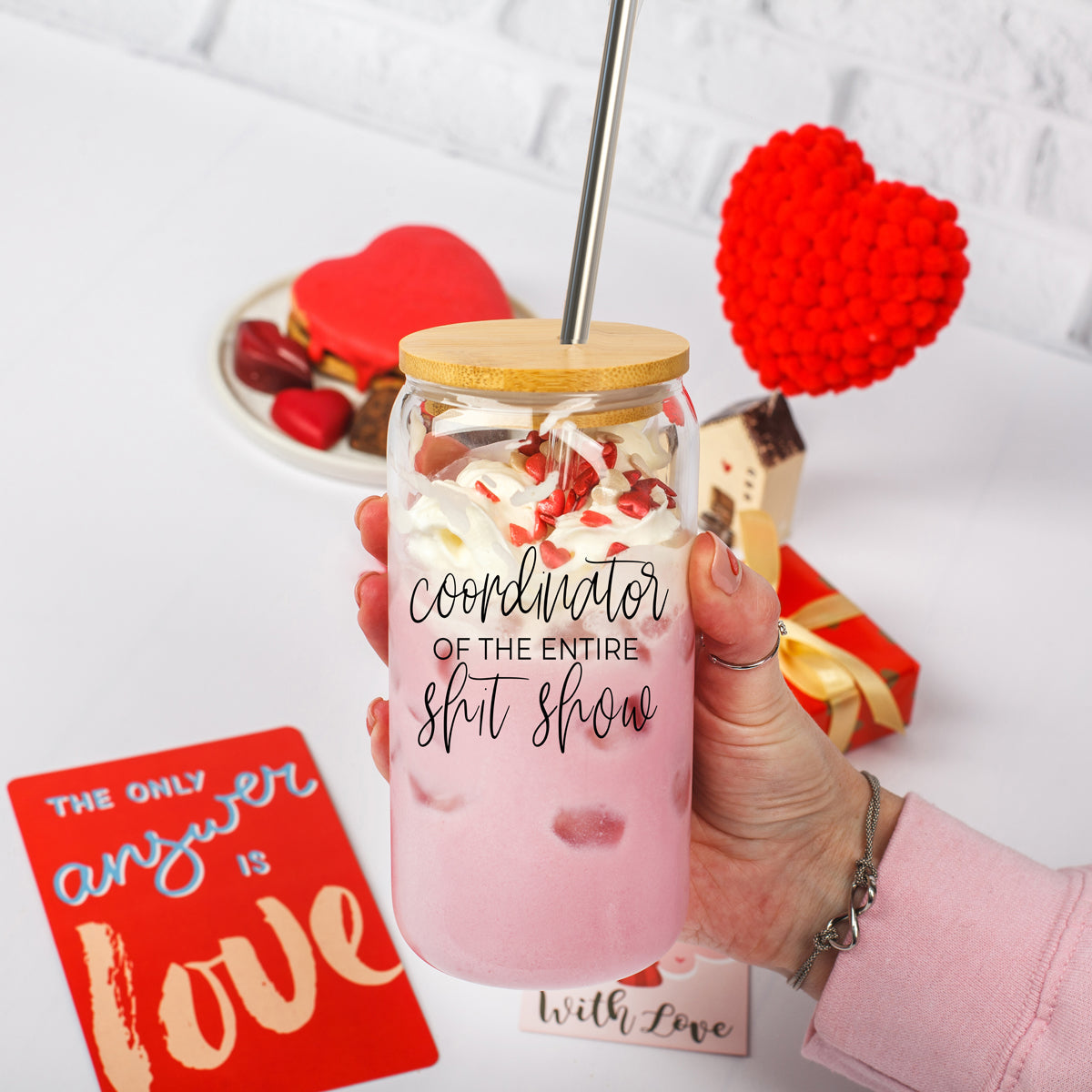 Shit Show Coordinator 17oz Glass Tumbler With Bamboo Lid, 2 Stainless Straws
