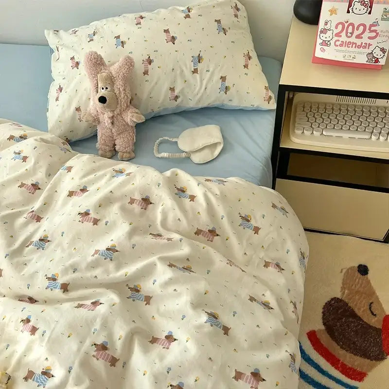 Cream cartoon bear pattern printed bedding set bedroom decor