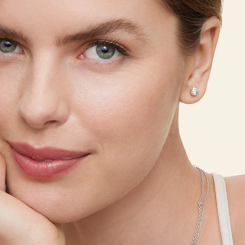 Silver-Tone Four-Prong Moissanite Solitaire Stud Earrings