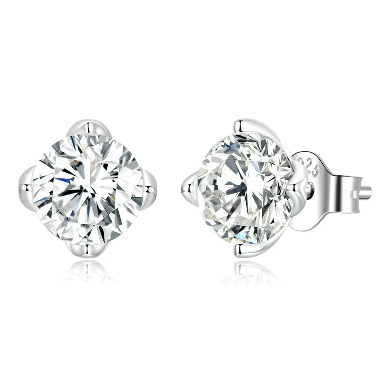 Silver-Tone Four-Prong Moissanite Solitaire Stud Earrings