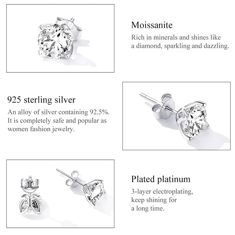Silver-Tone Four-Prong Moissanite Solitaire Stud Earrings