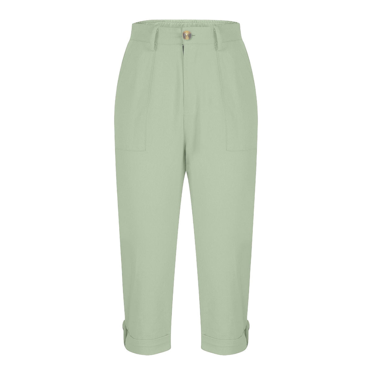 Cross-border Women's Solid Color Workwear Pants Waist Button Pants Ear Design Pants Leg Curled Women's Cropped Pants