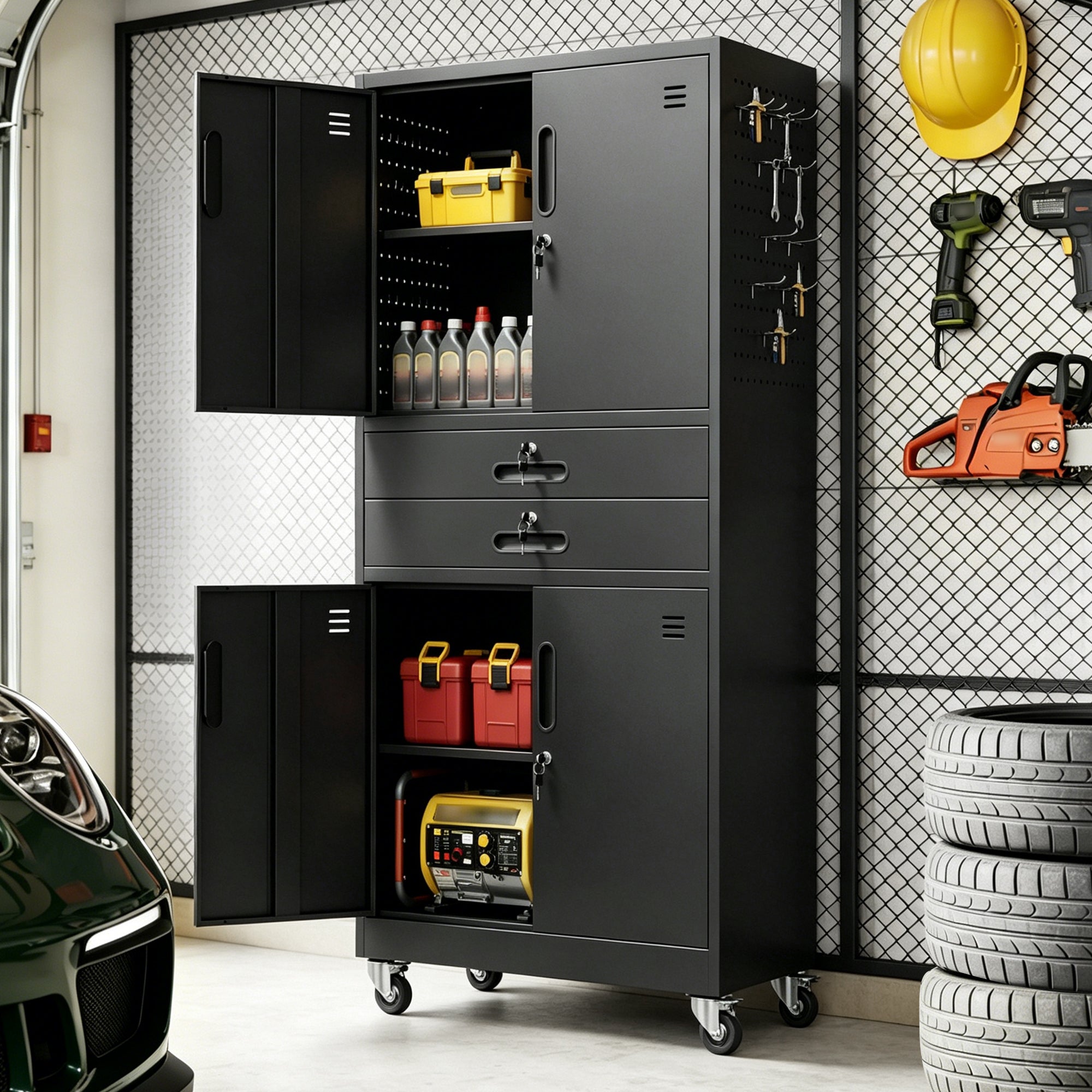 Metal Storage Cabinet with Two Drawers and Locking Doors