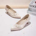 White Black Jacquard Pointed Toe Kitten Heel Pumps, Elegant Floral Accent Women's Dress Shoes  Ivory Black Wedding & Party Pumps