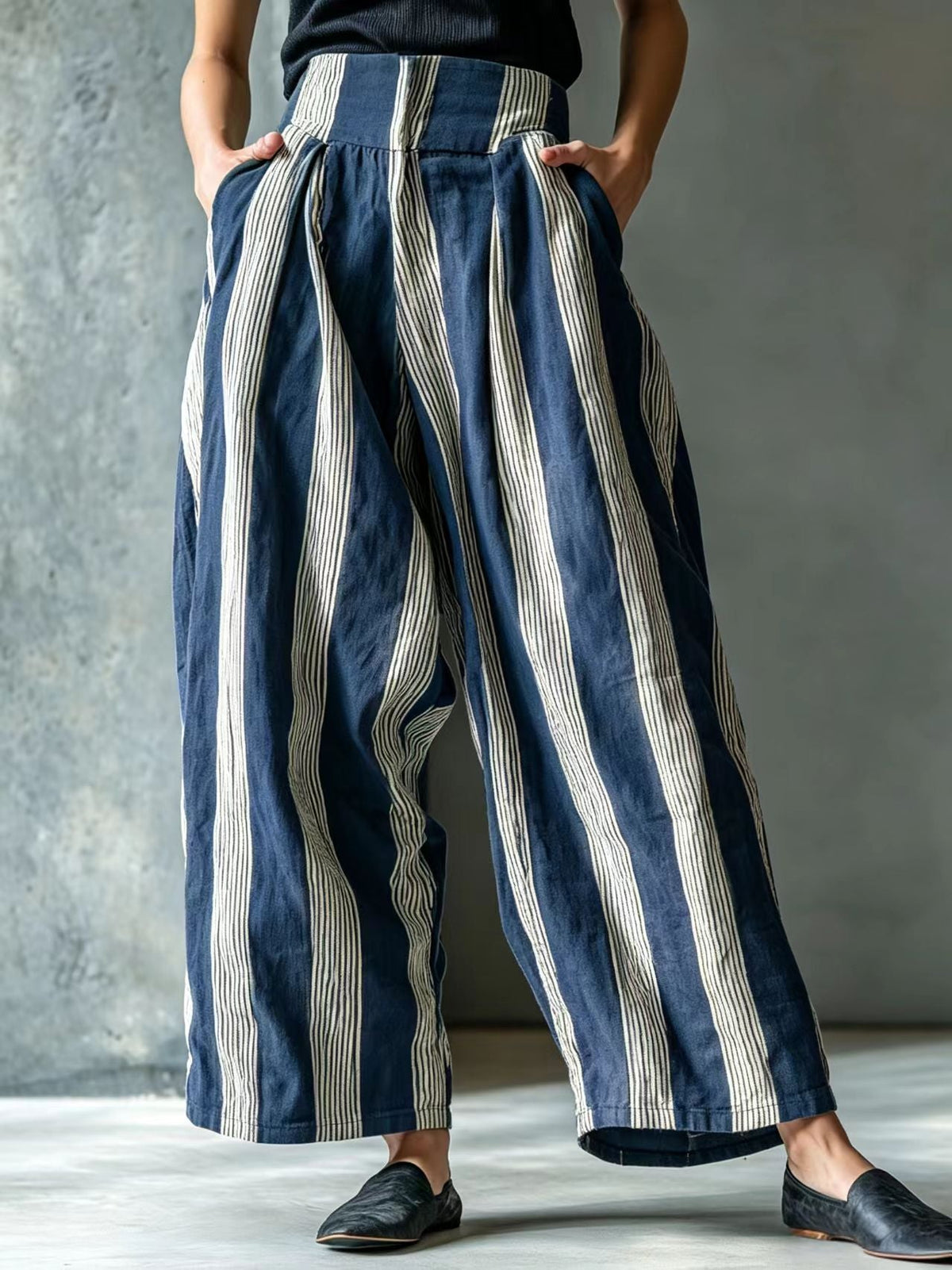 Autumn New European And American Cross-Border Women's Loose Casual Vacation Style Linen Striped Wide-Leg Pants With A High-End Feel