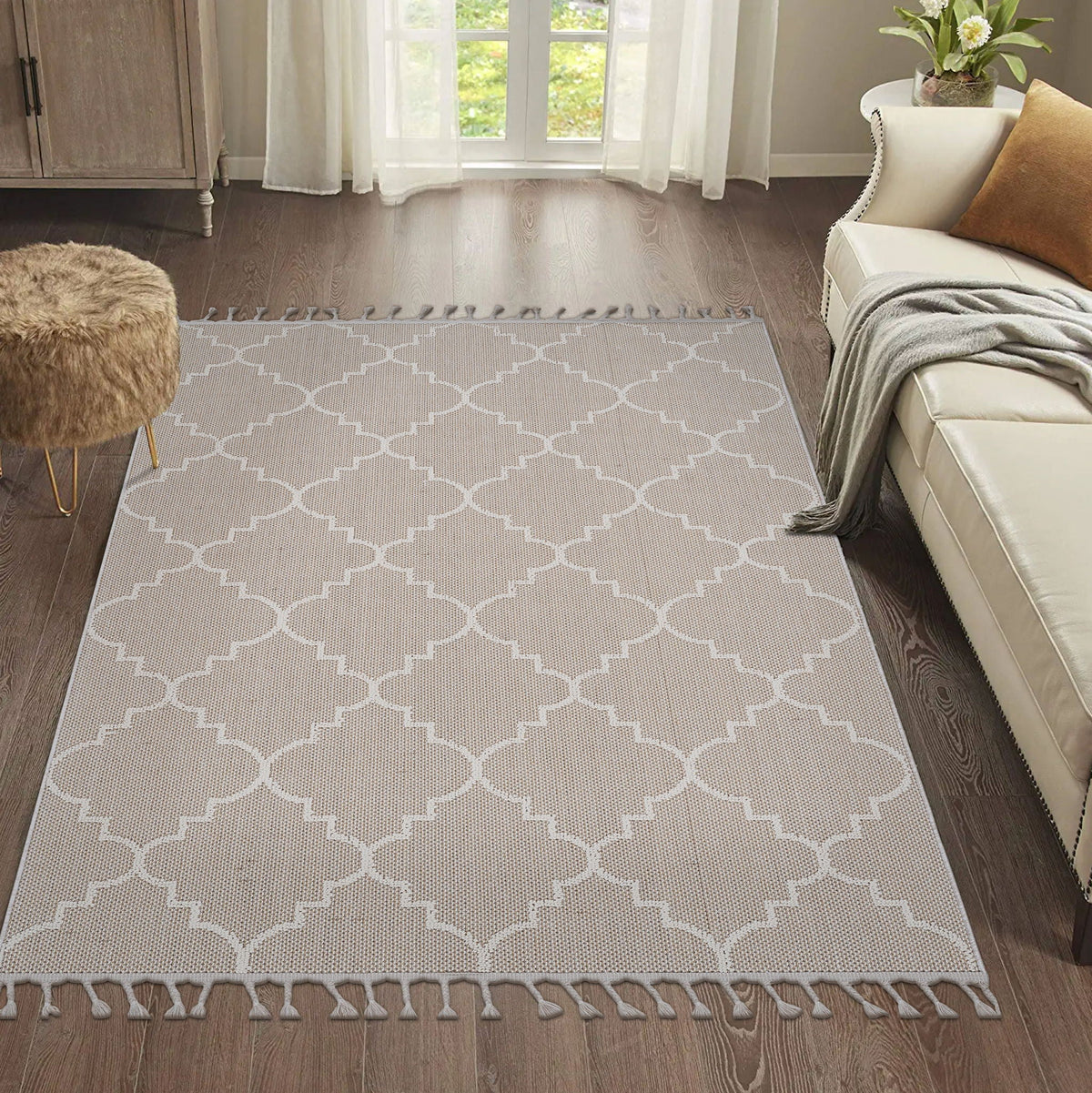 Beige Trellis Indoor / Outdoor Area Rug with Stain Resistant Surface
