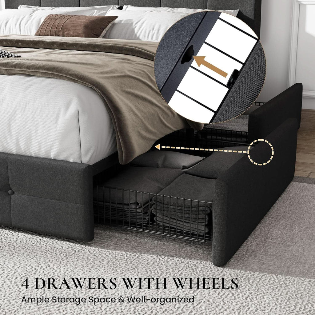 Upholstered Queen Platform Bed Frame With 4 Storage Drawers