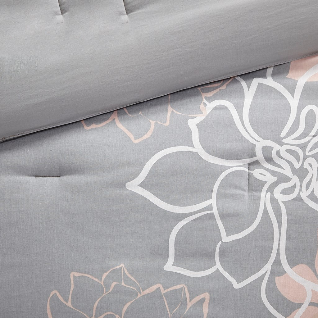Printed Cotton Sateen Comforter Set - Grey/Peach - Cal King