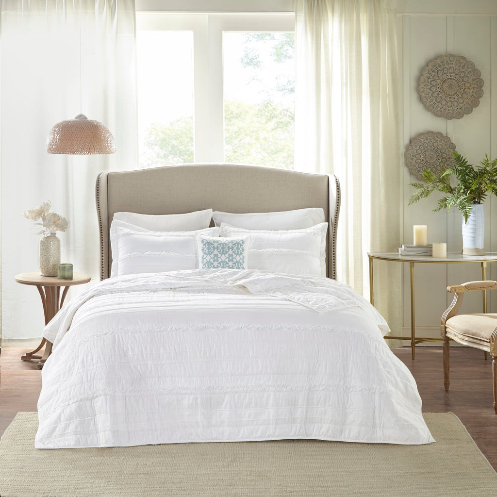 4 Piece Reversible Ruffle Quilt Set with Throw Pillow