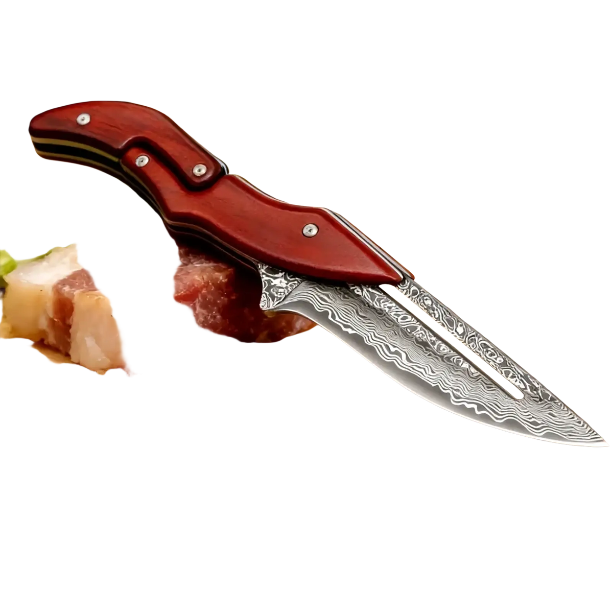 Damascus Steel Folding Kitchen Knife with Leather Bag