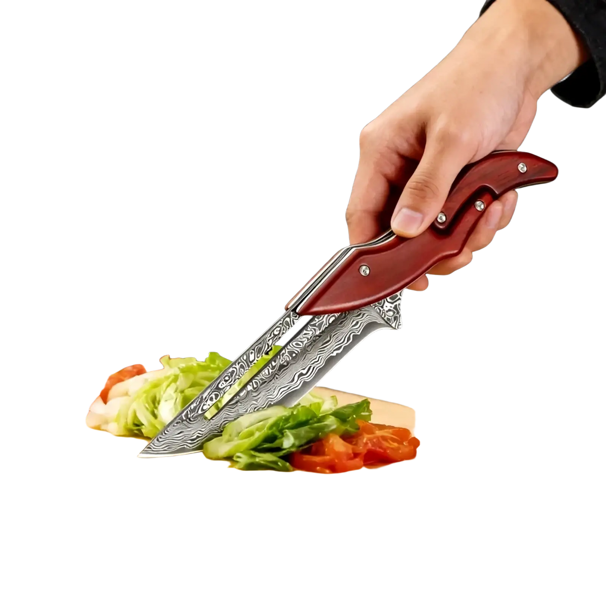 Damascus Steel Folding Kitchen Knife with Leather Bag