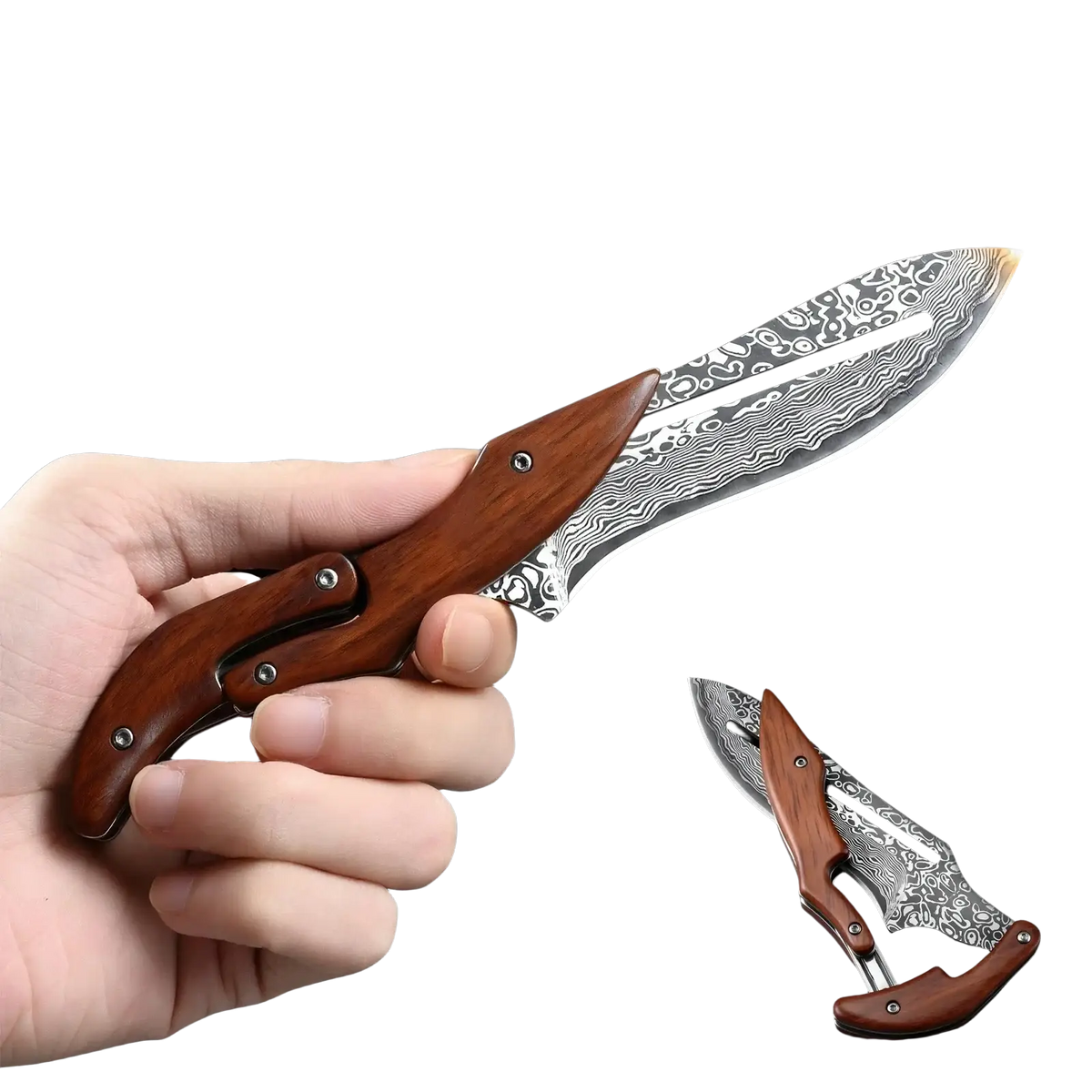 Damascus Steel Folding Kitchen Knife with Leather Bag