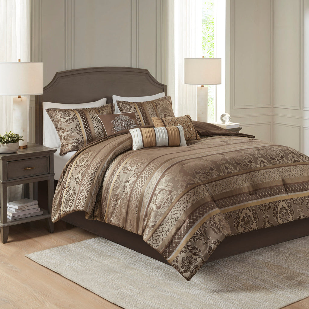 7 Piece Jacquard Comforter Set with Decorative Pillows - Brown & Gold California King