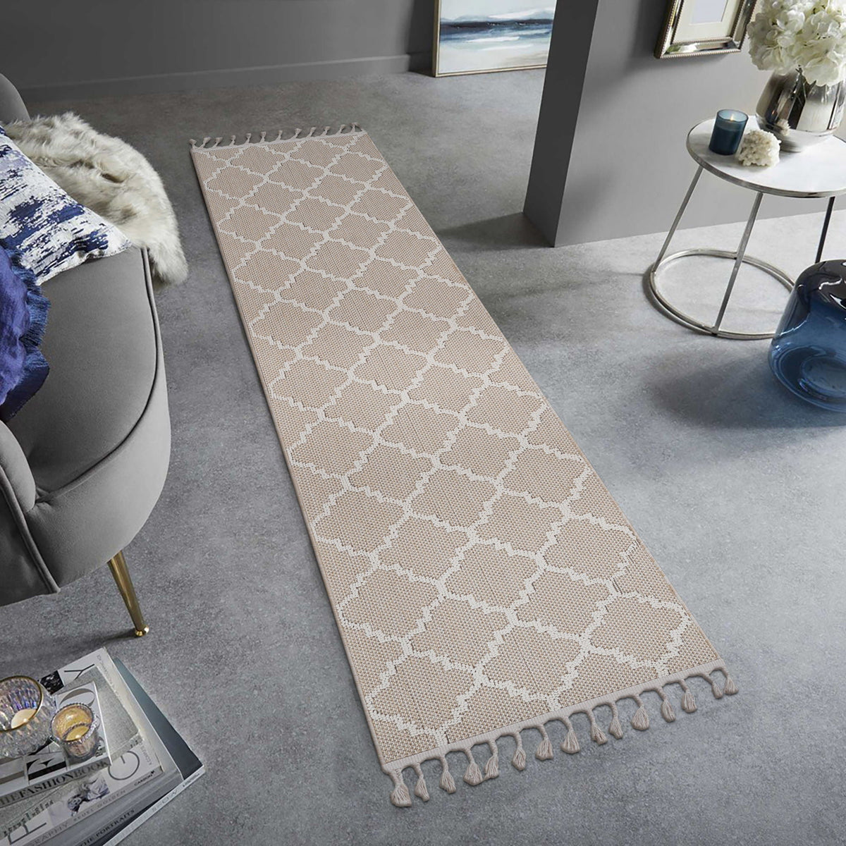 Beige Trellis Indoor / Outdoor Area Rug with Stain Resistant Surface