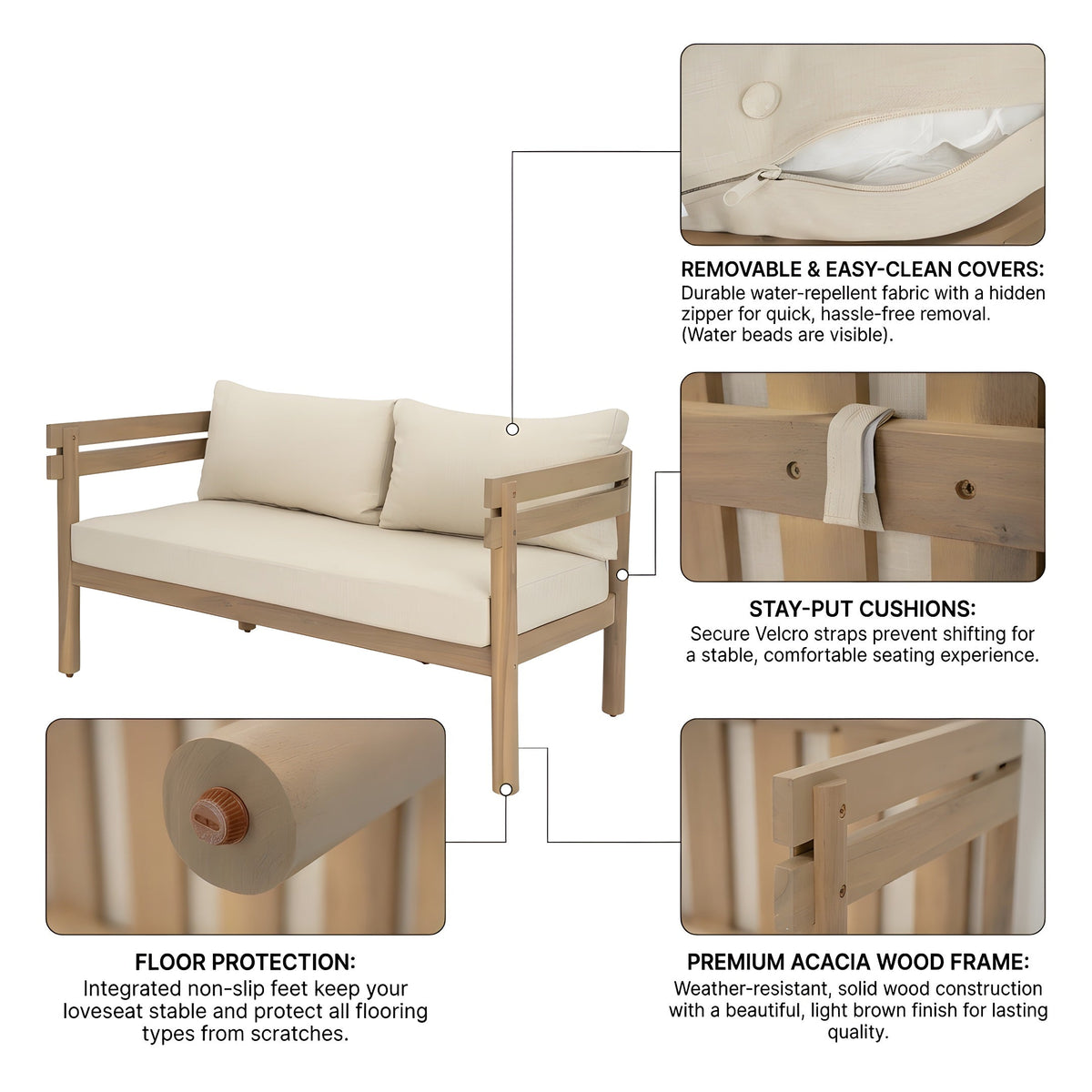 2-Piece Outdoor Acacia Wood Patio Loveseat Conversation Set