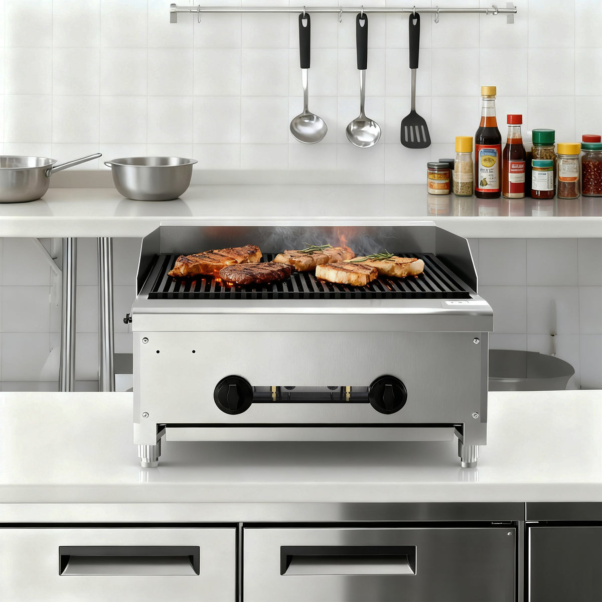 24 Inch Commercial Gas Lava Rock Charbroiler with 2 Burners - Stainless Steel