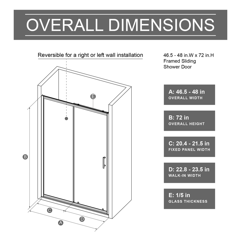 48" Wide x 72" High Single Sliding Shower Door