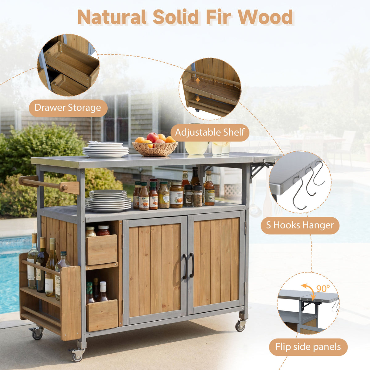 Farmhouse Rolling Outdoor Kitchen Cart with Stainless Steel Top - Blue Gray & Walnut