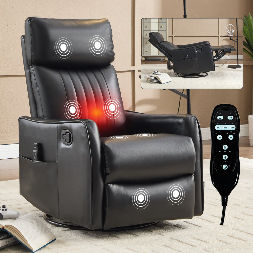 Black Faux Leather Recliner Chair with Heat & Massage - Manual Recliner