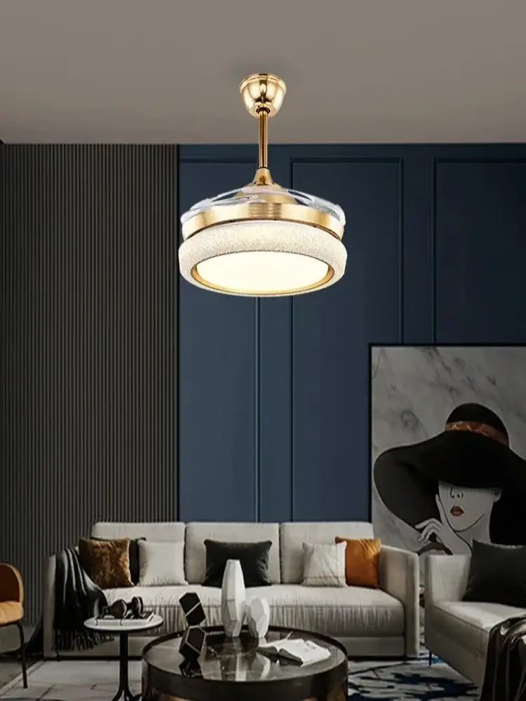 Gold crystal retractable ceiling fan light bedroom led fan light