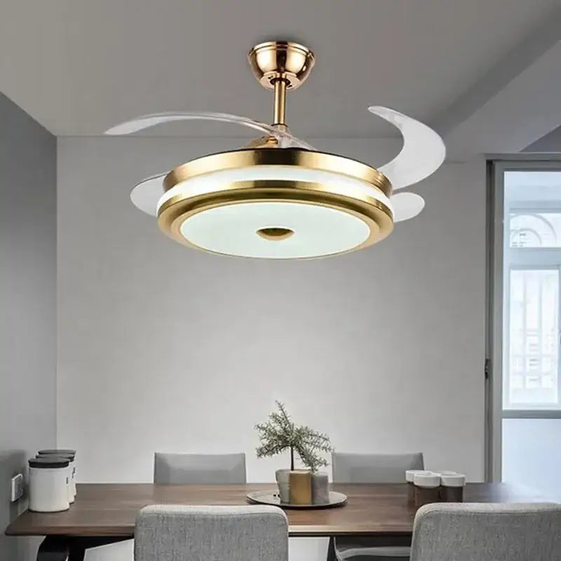 Modern gold retractable ceiling fan light living room remote control