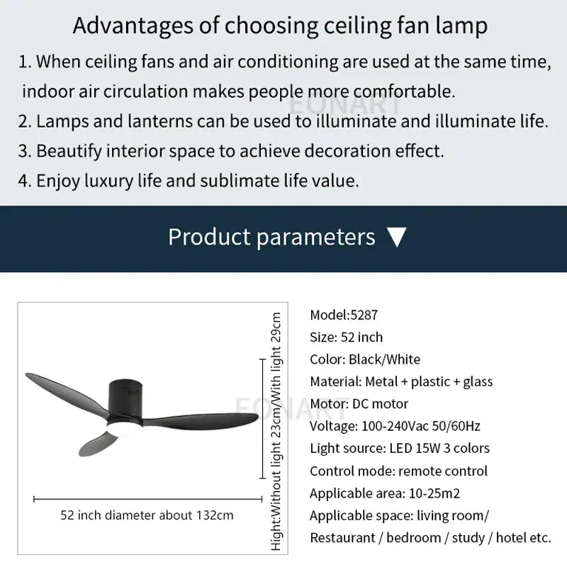 Modern black & white dc ceiling fan with remote control bedroom